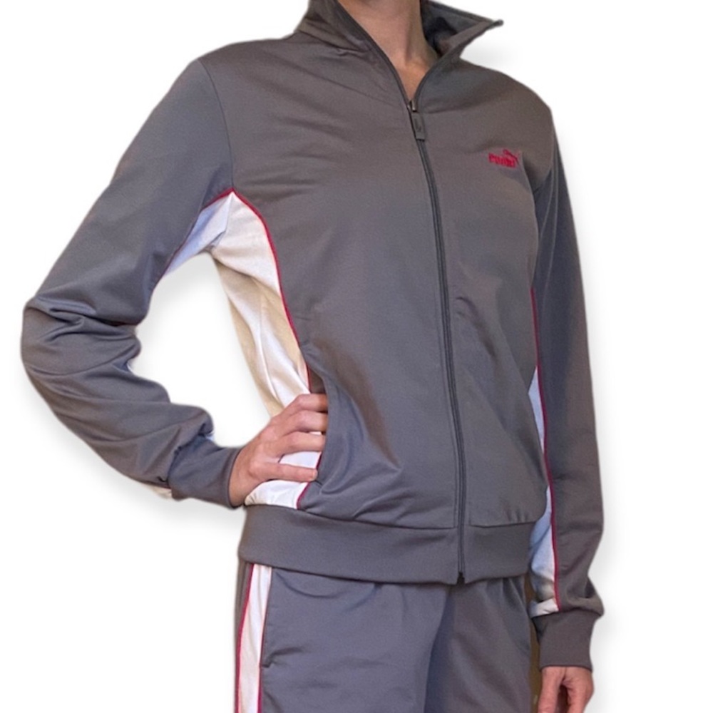 Puma track jacket size medium, gray & white zip-up, pockets & stand-up collar
